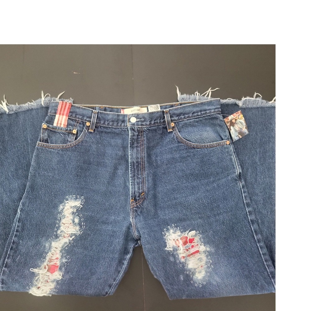 Levis 517 Boot Cut Jeans Mens 40x34 Custom Distressed Whiskey River Plaid Patch